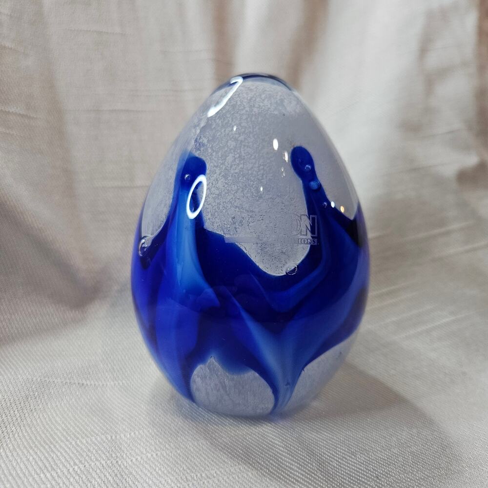 Cobalt Blue and  White Large  4" Egg Glass Paperweight - Marked Weston Solutions
